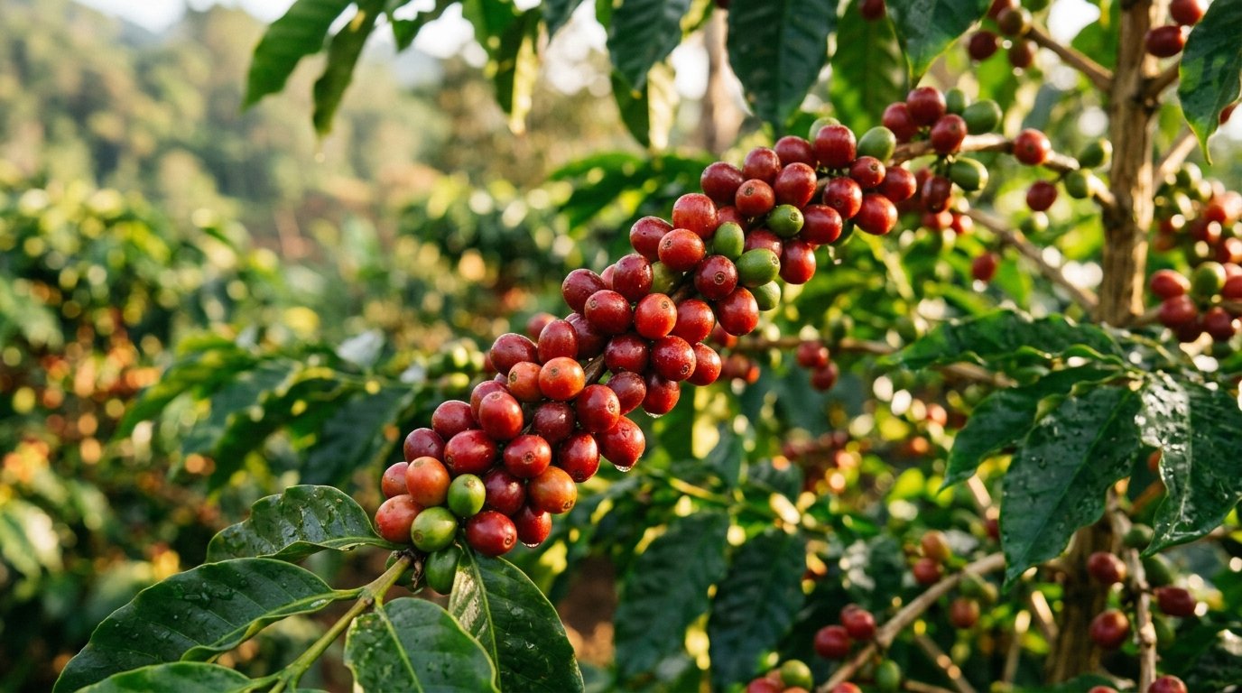 Ripe red coffee cherries growing on a branch in an Indonesian highland plantation