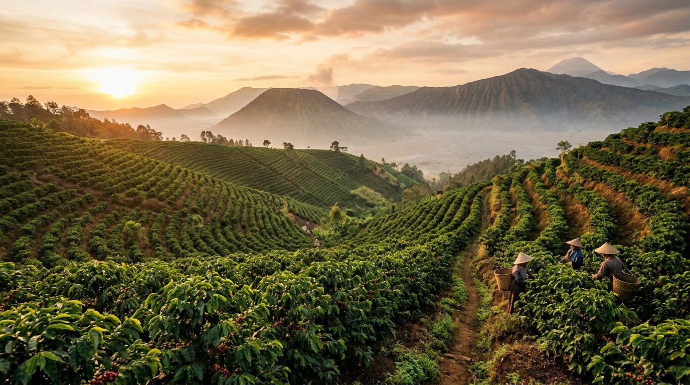 Indonesian highland coffee plantation at golden hour
